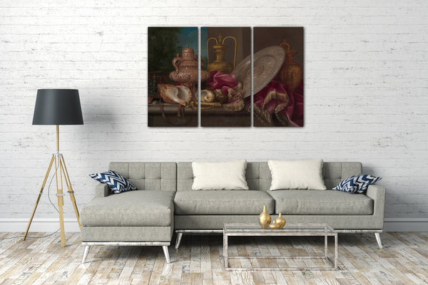 Top-Angebot Kunstdruck Meiffren Conte - Stillleben mit Silber- und Goldplatte, Muscheln und einem Schwert Leinwand auf Keilrahmen gespannt
