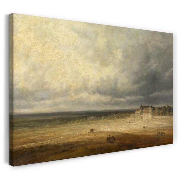 Top-Angebot Kunstdruck Georges Michel - Landschaft mit einem gepflügten Feld und einem Dorf Leinwand auf Keilrahmen gespannt