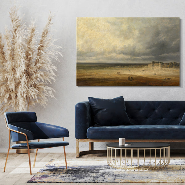 Top-Angebot Kunstdruck Georges Michel - Landschaft mit einem gepflügten Feld und einem Dorf Leinwand auf Keilrahmen gespannt