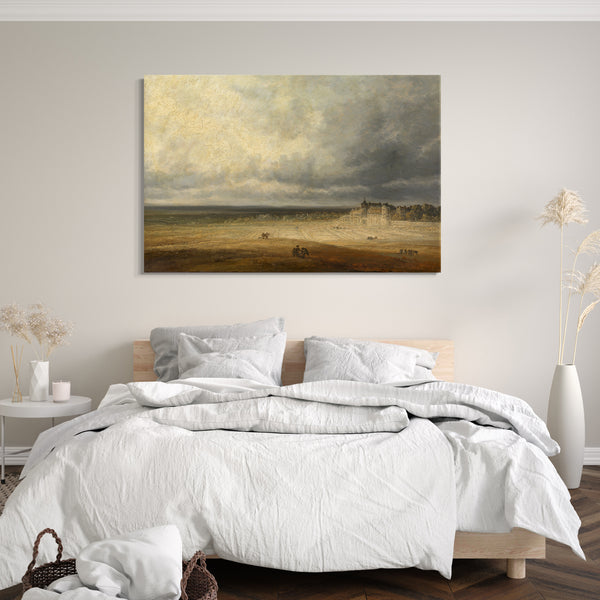 Top-Angebot Kunstdruck Georges Michel - Landschaft mit einem gepflügten Feld und einem Dorf Leinwand auf Keilrahmen gespannt