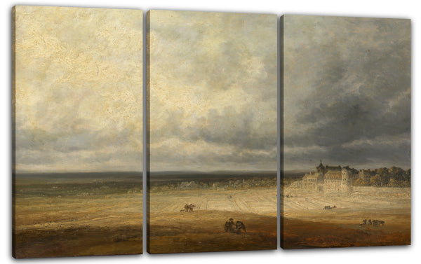 Leinwandbild Georges Michel - Landschaft mit einem gepflügten Feld und einem Dorf