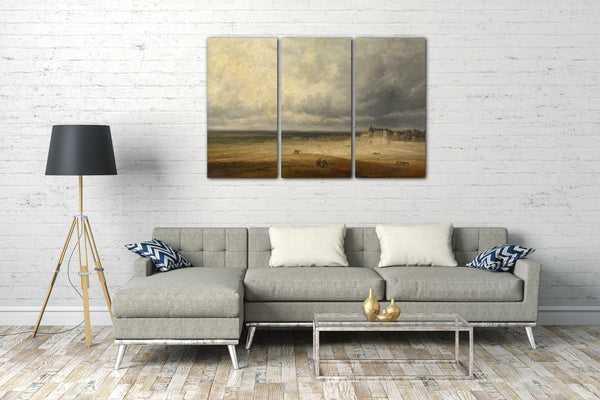 Top-Angebot Kunstdruck Georges Michel - Landschaft mit einem gepflügten Feld und einem Dorf Leinwand auf Keilrahmen gespannt
