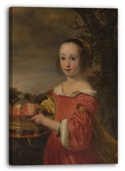 Top-Angebot Kunstdruck Ferdinand Bol - Petronella Elias (1648-1667) mit einem Obstkorb Leinwand auf Keilrahmen gespannt