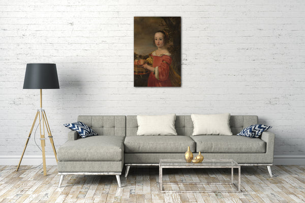 Top-Angebot Kunstdruck Ferdinand Bol - Petronella Elias (1648-1667) mit einem Obstkorb Leinwand auf Keilrahmen gespannt