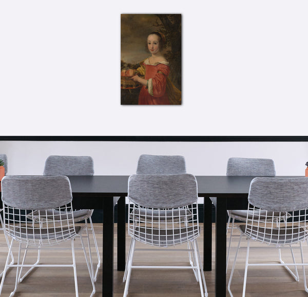 Top-Angebot Kunstdruck Ferdinand Bol - Petronella Elias (1648-1667) mit einem Obstkorb Leinwand auf Keilrahmen gespannt