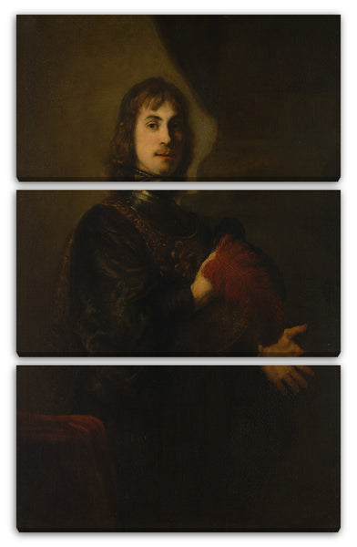 Leinwandbild Stil von Rembrandt - Portrait eines Mannes mit einer Brustplatte und einem Federhut