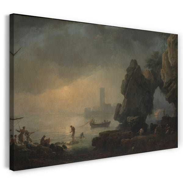 Top-Angebot Kunstdruck Stil von Joseph Vernet - Hafenszene mit einer Grotte und Fischer, die Netze einziehen Leinwand auf Keilrahmen gespannt