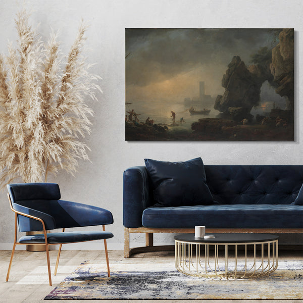 Top-Angebot Kunstdruck Stil von Joseph Vernet - Hafenszene mit einer Grotte und Fischer, die Netze einziehen Leinwand auf Keilrahmen gespannt