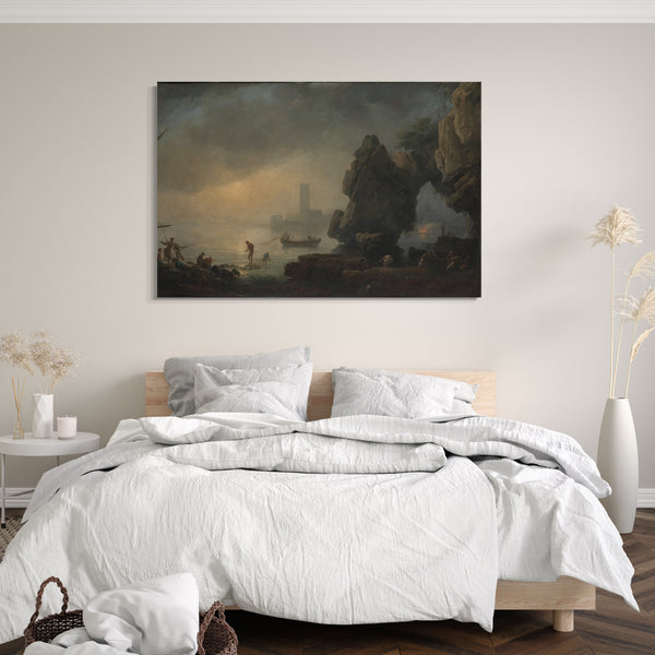 Top-Angebot Kunstdruck Stil von Joseph Vernet - Hafenszene mit einer Grotte und Fischer, die Netze einziehen Leinwand auf Keilrahmen gespannt
