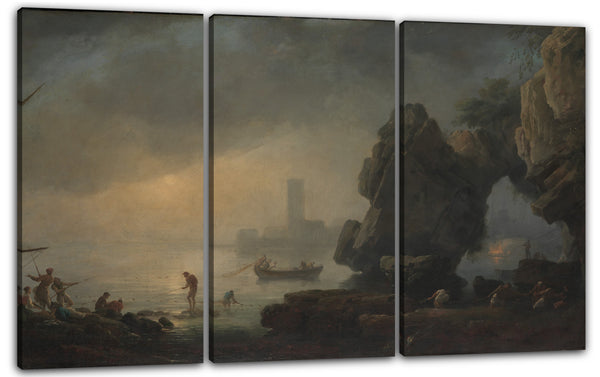 Leinwandbild Stil von Joseph Vernet - Hafenszene mit einer Grotte und Fischer, die Netze einziehen