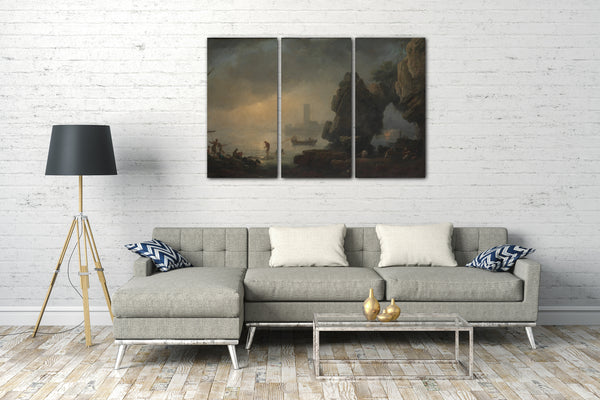 Top-Angebot Kunstdruck Stil von Joseph Vernet - Hafenszene mit einer Grotte und Fischer, die Netze einziehen Leinwand auf Keilrahmen gespannt
