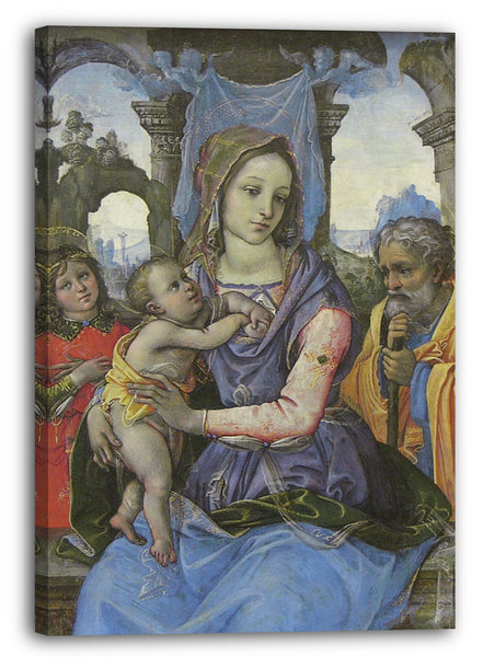 Top-Angebot Kunstdruck Raffaellino del Garbo - Madonna und Kind mit Saint Joseph und ein Engel Leinwand auf Keilrahmen gespannt