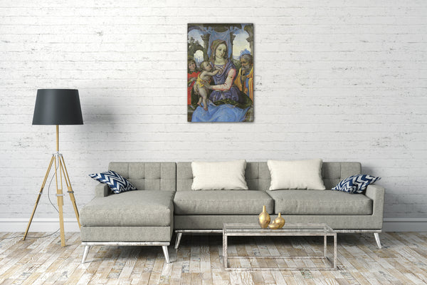 Top-Angebot Kunstdruck Raffaellino del Garbo - Madonna und Kind mit Saint Joseph und ein Engel Leinwand auf Keilrahmen gespannt
