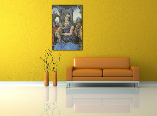 Top-Angebot Kunstdruck Raffaellino del Garbo - Madonna und Kind mit Saint Joseph und ein Engel Leinwand auf Keilrahmen gespannt