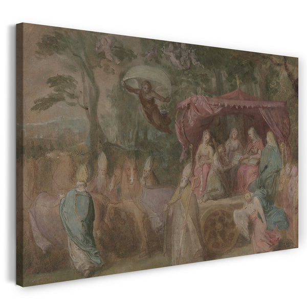 Top-Angebot Kunstdruck Otto van Veen - Der Triumph der Kirche: Ecclesia werden die Lehren präsentiert, während sie in einem Streitwagen sitzt, dem die vier Kirchenlehrer beiwohnen Leinwand auf Keilrahmen gespannt
