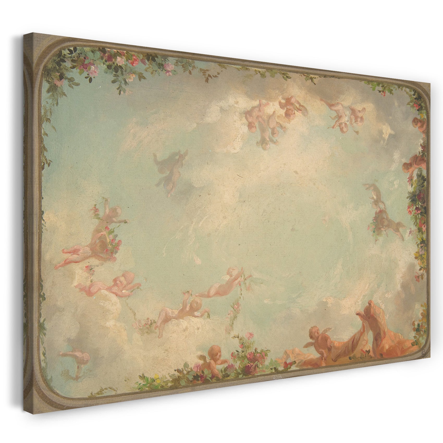Top-Angebot Kunstdruck Jules-Edmond-Charles Lachaise - Design für eine Decke mit Putten in Wolken und mit Rosen Leinwand auf Keilrahmen gespannt