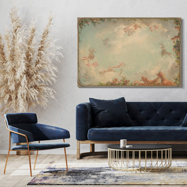 Top-Angebot Kunstdruck Jules-Edmond-Charles Lachaise - Design für eine Decke mit Putten in Wolken und mit Rosen Leinwand auf Keilrahmen gespannt