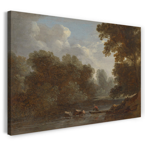 Top-Angebot Kunstdruck Benjamin Barker, der Jüngere - Eine bewaldete Fluss-Landschaft mit einem Fischer in einem Boot Leinwand auf Keilrahmen gespannt