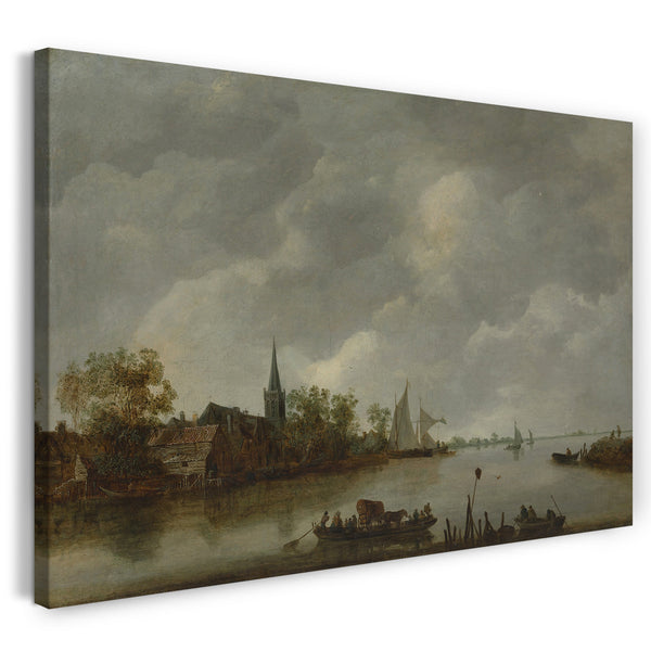 Top-Angebot Kunstdruck Stil von Jan van Goyen - Fluss-Blick mit einer Dorfkirche Leinwand auf Keilrahmen gespannt