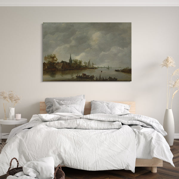 Top-Angebot Kunstdruck Stil von Jan van Goyen - Fluss-Blick mit einer Dorfkirche Leinwand auf Keilrahmen gespannt