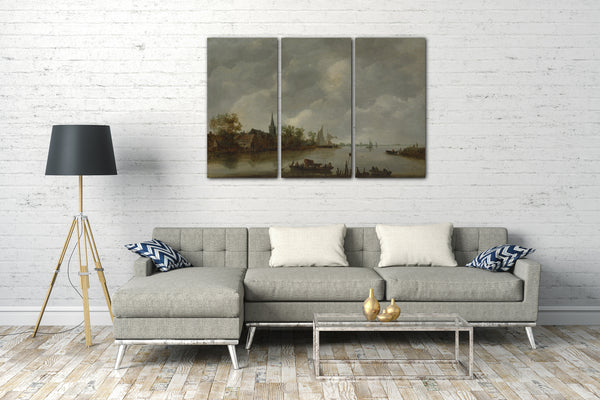 Top-Angebot Kunstdruck Stil von Jan van Goyen - Fluss-Blick mit einer Dorfkirche Leinwand auf Keilrahmen gespannt
