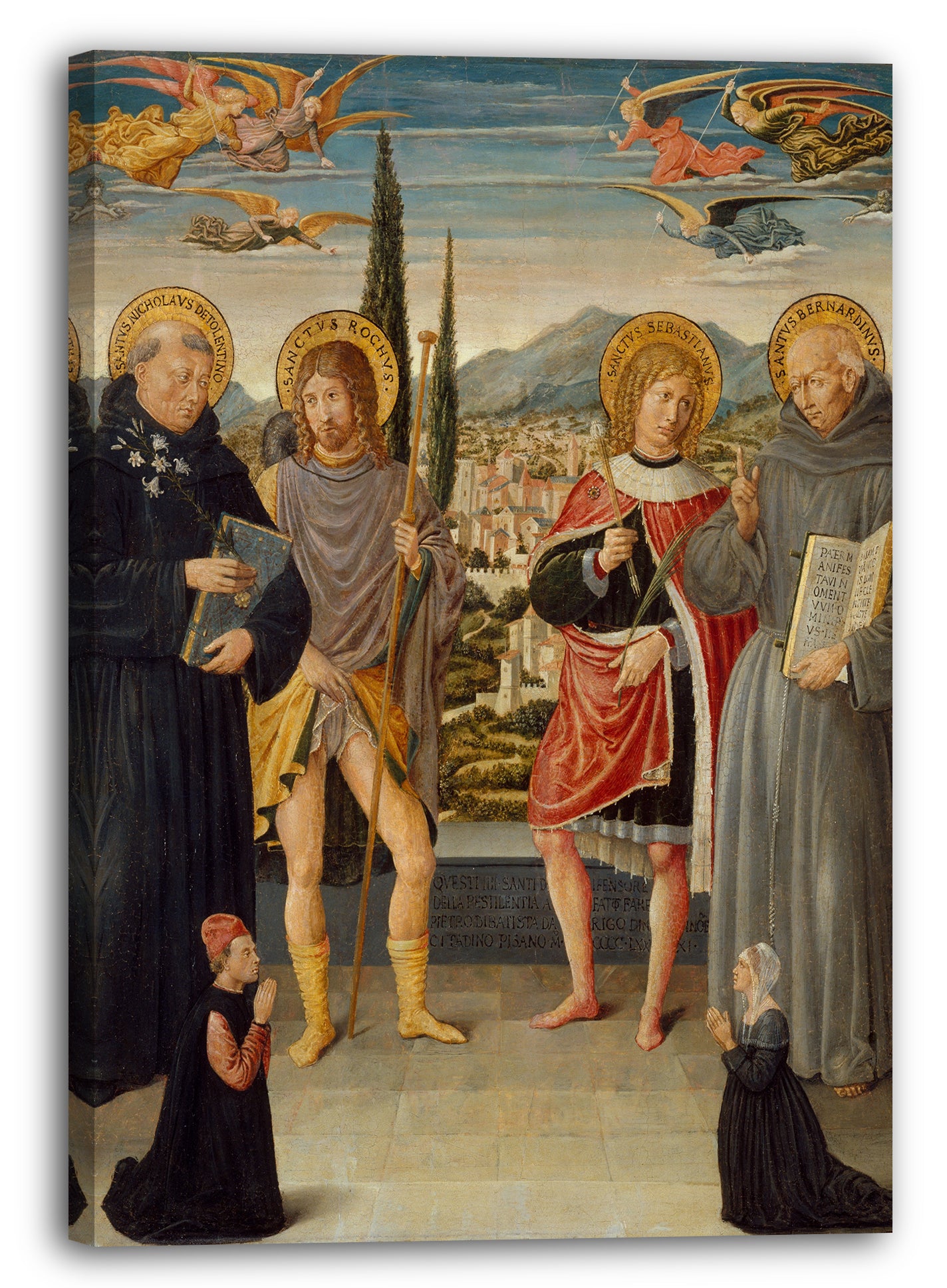 Top-Angebot Kunstdruck Benozzo Gozzoli - Die Heiligen Nikolaus von Tolentino, Rochus, Sebastian und Bernardino von Siena, mit knienden Spendern Leinwand auf Keilrahmen gespannt
