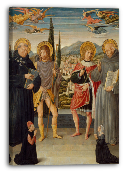 Top-Angebot Kunstdruck Benozzo Gozzoli - Die Heiligen Nikolaus von Tolentino, Rochus, Sebastian und Bernardino von Siena, mit knienden Spendern Leinwand auf Keilrahmen gespannt