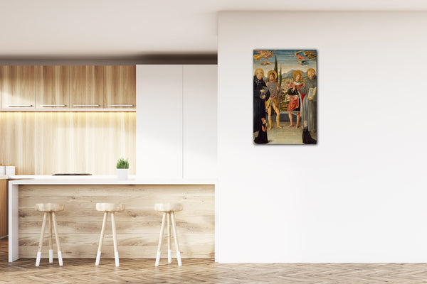 Top-Angebot Kunstdruck Benozzo Gozzoli - Die Heiligen Nikolaus von Tolentino, Rochus, Sebastian und Bernardino von Siena, mit knienden Spendern Leinwand auf Keilrahmen gespannt