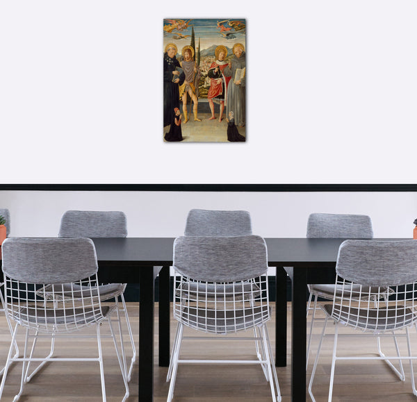 Top-Angebot Kunstdruck Benozzo Gozzoli - Die Heiligen Nikolaus von Tolentino, Rochus, Sebastian und Bernardino von Siena, mit knienden Spendern Leinwand auf Keilrahmen gespannt