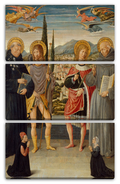 Leinwandbild Benozzo Gozzoli - Die Heiligen Nikolaus von Tolentino, Rochus, Sebastian und Bernardino von Siena, mit knienden Spendern