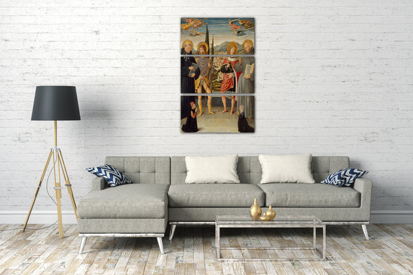 Top-Angebot Kunstdruck Benozzo Gozzoli - Die Heiligen Nikolaus von Tolentino, Rochus, Sebastian und Bernardino von Siena, mit knienden Spendern Leinwand auf Keilrahmen gespannt