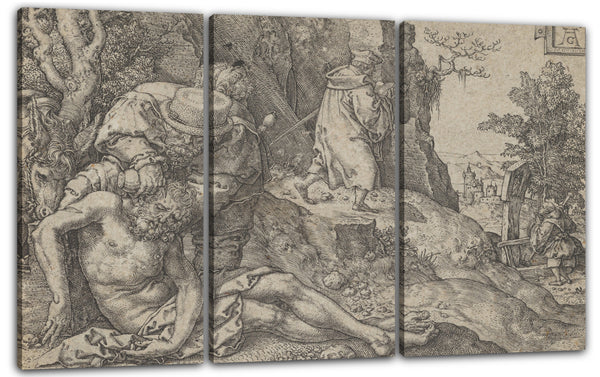 Leinwandbild Heinrich Aldegrever - Der barmherzige Samariter versorgt die Wunden des Reisenden mit Öl und Wein oder der Priester und der Levite, aus der Parabel des barmherzigen Samariters