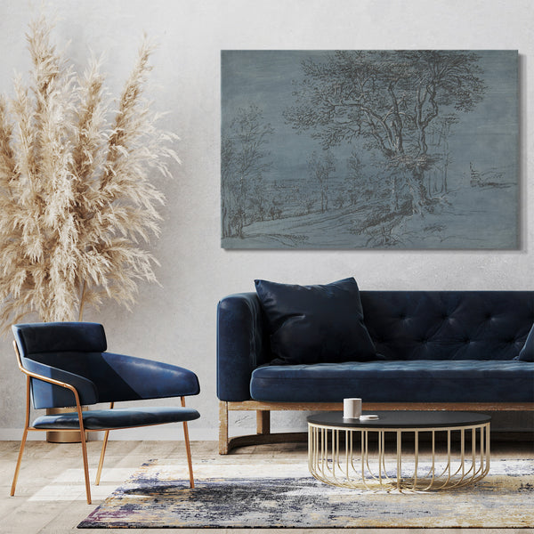 Top-Angebot Kunstdruck Lucas van Uden - Bewaldete Landschaft mit einem Haus am Fluss Leinwand auf Keilrahmen gespannt
