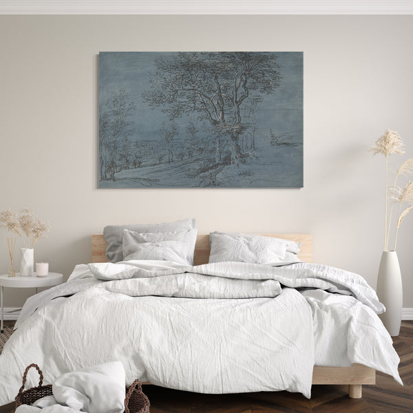 Top-Angebot Kunstdruck Lucas van Uden - Bewaldete Landschaft mit einem Haus am Fluss Leinwand auf Keilrahmen gespannt