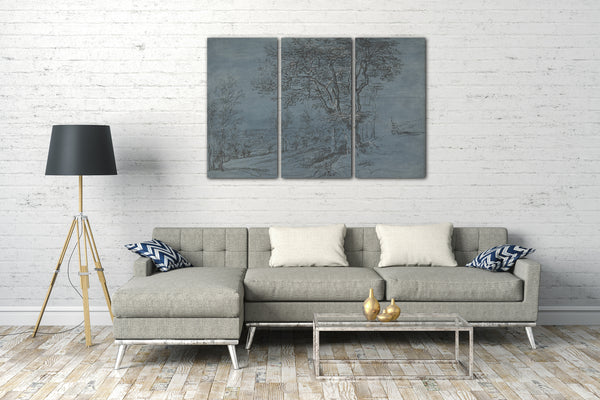 Top-Angebot Kunstdruck Lucas van Uden - Bewaldete Landschaft mit einem Haus am Fluss Leinwand auf Keilrahmen gespannt