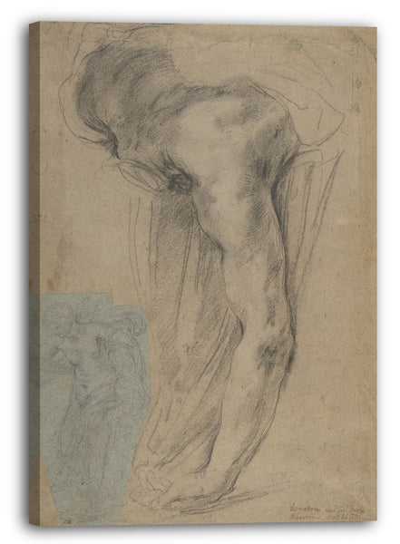 Top-Angebot Kunstdruck Guido Reni - Der angelehnte kopflose Körper von Holofernes; Studie einer weiblichen halbnackten Figur (auf einem kleinen separaten, nicht dazugehörigem Blatt aus blauem Papier, das auf die untere linke Seite des großen Blattes geklebt wurde). Leinwand auf Keilrahmen gespannt