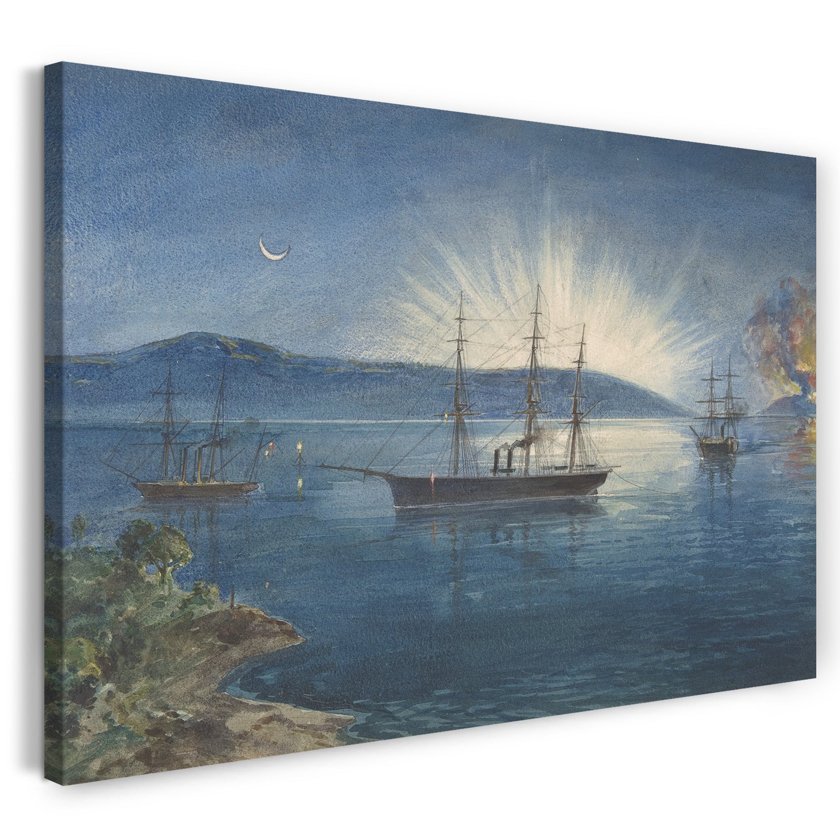 Top-Angebot Kunstdruck Robert Charles Dudley - Die Bucht von Bull Arms, Trinity Bay, Neufundland, Bonfire Beleuchtet auf den Hügeln, um über die Ankunft der Kabelflotte am 5. August 1858 zu informieren Leinwand auf Keilrahmen gespannt
