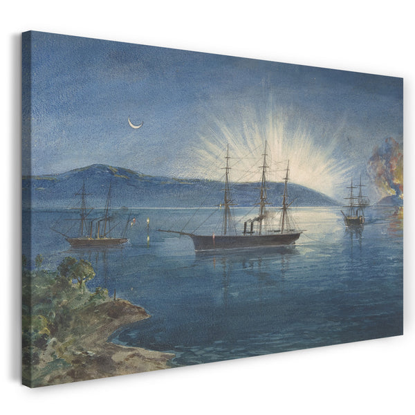 Top-Angebot Kunstdruck Robert Charles Dudley - Die Bucht von Bull Arms, Trinity Bay, Neufundland, Bonfire Beleuchtet auf den Hügeln, um über die Ankunft der Kabelflotte am 5. August 1858 zu informieren Leinwand auf Keilrahmen gespannt