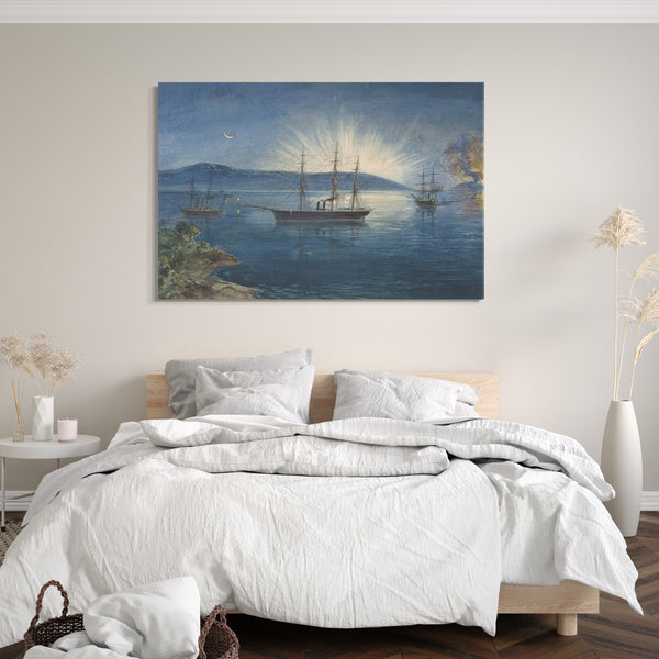 Top-Angebot Kunstdruck Robert Charles Dudley - Die Bucht von Bull Arms, Trinity Bay, Neufundland, Bonfire Beleuchtet auf den Hügeln, um über die Ankunft der Kabelflotte am 5. August 1858 zu informieren Leinwand auf Keilrahmen gespannt