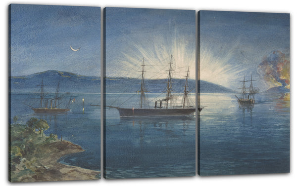Leinwandbild Robert Charles Dudley - Die Bucht von Bull Arms, Trinity Bay, Neufundland, Bonfire Beleuchtet auf den Hügeln, um über die Ankunft der Kabelflotte am 5. August 1858 zu informieren