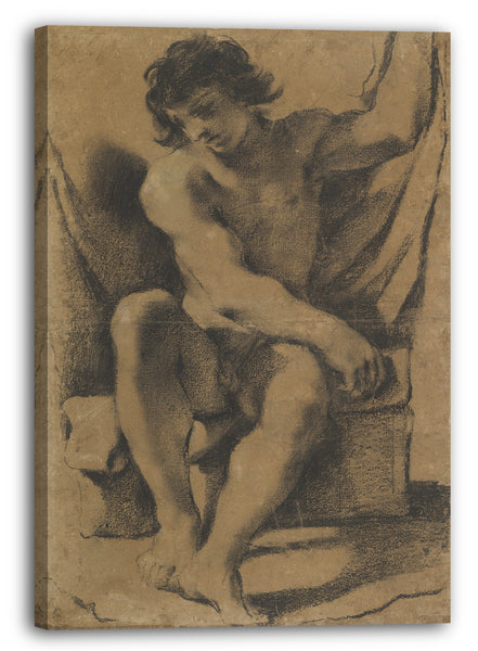 Top-Angebot Kunstdruck Guercino - Sitzender nackter junger Mann in fast frontaler Ansicht Leinwand auf Keilrahmen gespannt