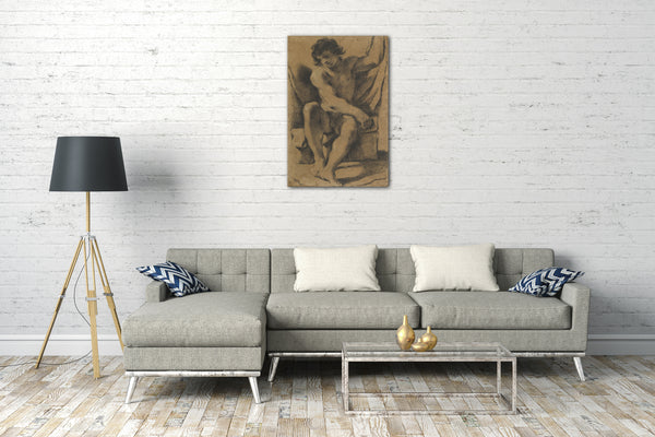 Top-Angebot Kunstdruck Guercino - Sitzender nackter junger Mann in fast frontaler Ansicht Leinwand auf Keilrahmen gespannt
