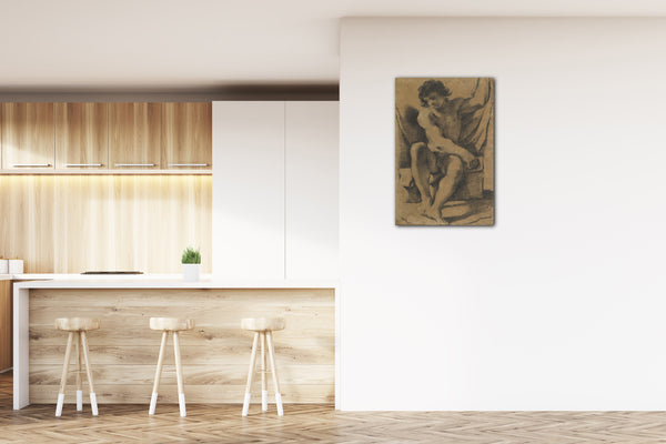Top-Angebot Kunstdruck Guercino - Sitzender nackter junger Mann in fast frontaler Ansicht Leinwand auf Keilrahmen gespannt