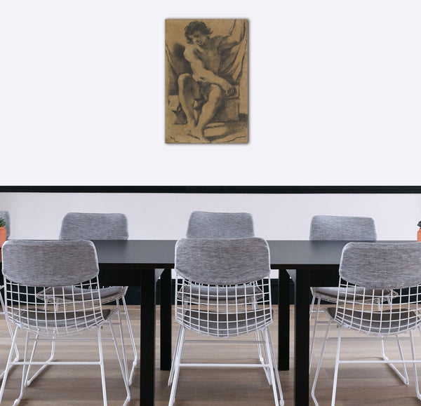 Top-Angebot Kunstdruck Guercino - Sitzender nackter junger Mann in fast frontaler Ansicht Leinwand auf Keilrahmen gespannt