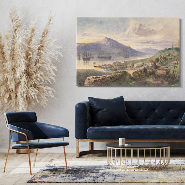 Top-Angebot Kunstdruck Robert Charles Dudley - The Heights over Foilhummerum Bay, Valentia, the William Corey Heading Seawards, Laying the Shore-end of the Atlantic Telegraph Cable, July 7th, 1866 Leinwand auf Keilrahmen gespannt