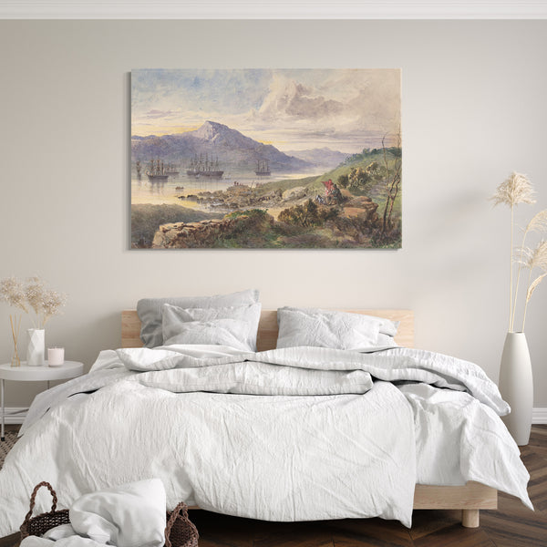 Top-Angebot Kunstdruck Robert Charles Dudley - The Heights over Foilhummerum Bay, Valentia, the William Corey Heading Seawards, Laying the Shore-end of the Atlantic Telegraph Cable, July 7th, 1866 Leinwand auf Keilrahmen gespannt