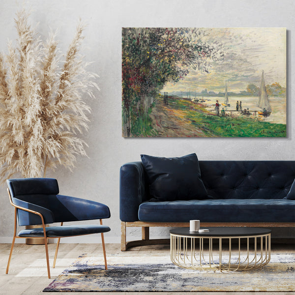 Top-Angebot Kunstdruck Claude Monet - Die Bank von Petit-Gennevilliers, untergehende Sonne Leinwand auf Keilrahmen gespannt