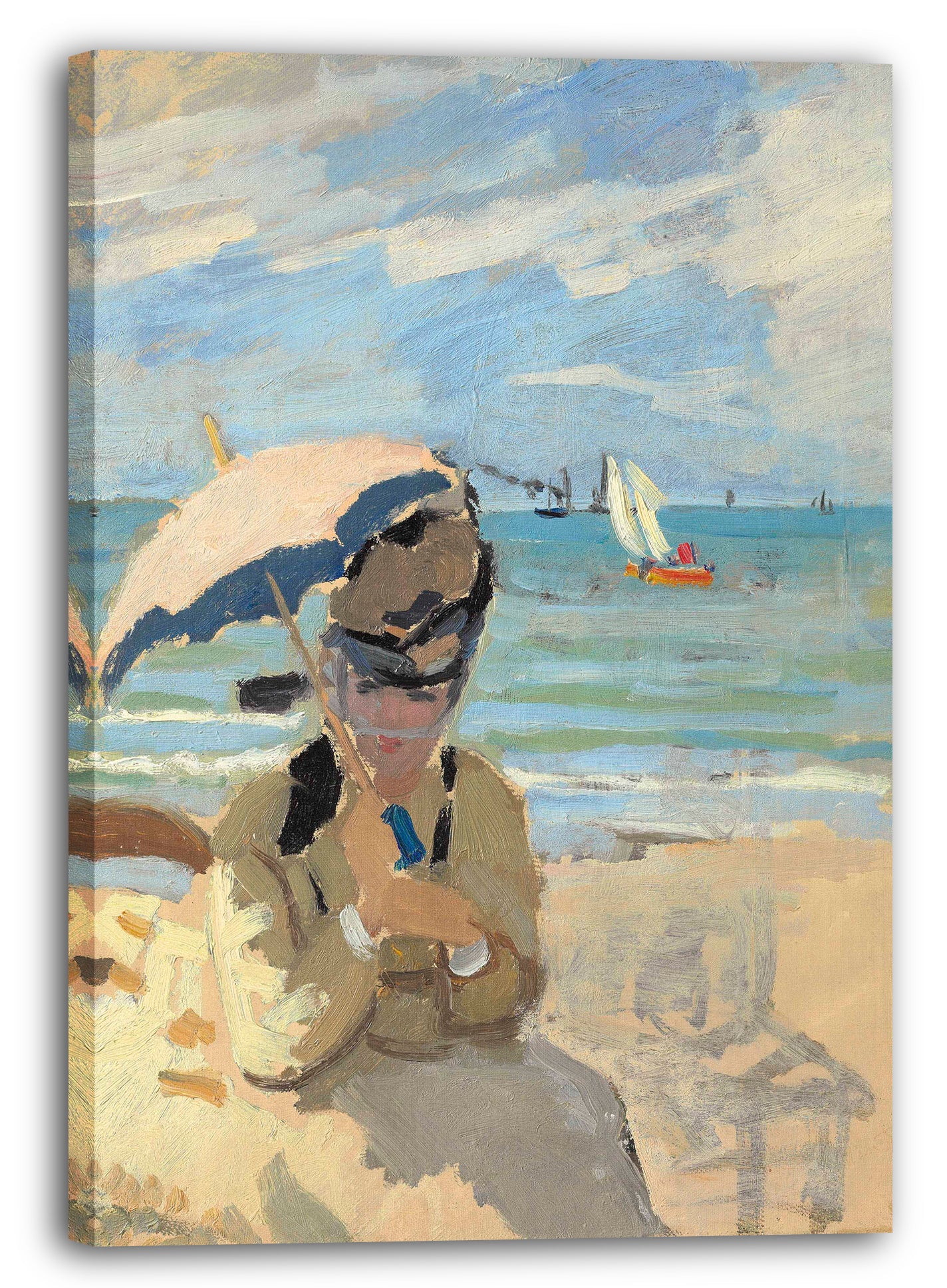 Top-Angebot Kunstdruck Claude Monet - Camille sitzt am Strand von Trouville Leinwand auf Keilrahmen gespannt