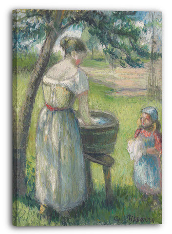 Leinwandbild Camille Pissarro - Waschende Kleidung der Frau, mit Kind