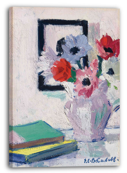 Leinwandbild Francis Campbell - Stillleben - Anemonen in der Vase mit grünem Buch